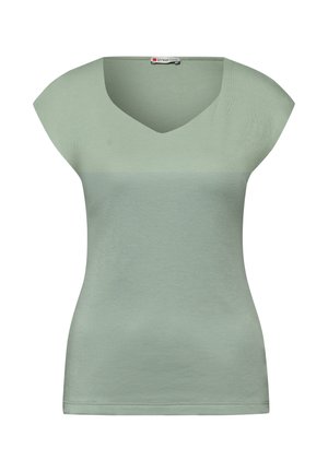 Jasnozielony krótki dzianinowy top z dekoltem w kształcie litery V i dopasowaną talią, z subtelnym wzorem z blokami kolorów.