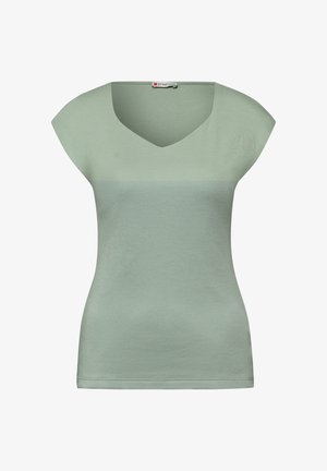 Jasnozielony krótki dzianinowy top z dekoltem w kształcie litery V i dopasowaną talią, z subtelnym wzorem z blokami kolorów.