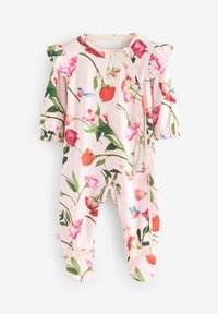 Jumpsuit floral rosa con mangas abullonadas, que presenta flores vibrantes y hojas verdes. Incluye un cierre a presión y detalles de lazo en las piernas con pies.