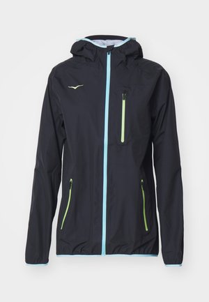 Black waterproof jacket with a hood, featuring a front zipper, light blue accents, and two zippered pockets with green details. Smooth texture.