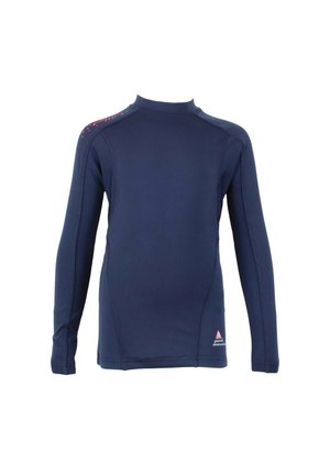 T-shirt de sport à manches longues bleu marine en tissu lisse et extensible ; doté d'un col montant et d'un petit logo discret sur le côté inférieur.
