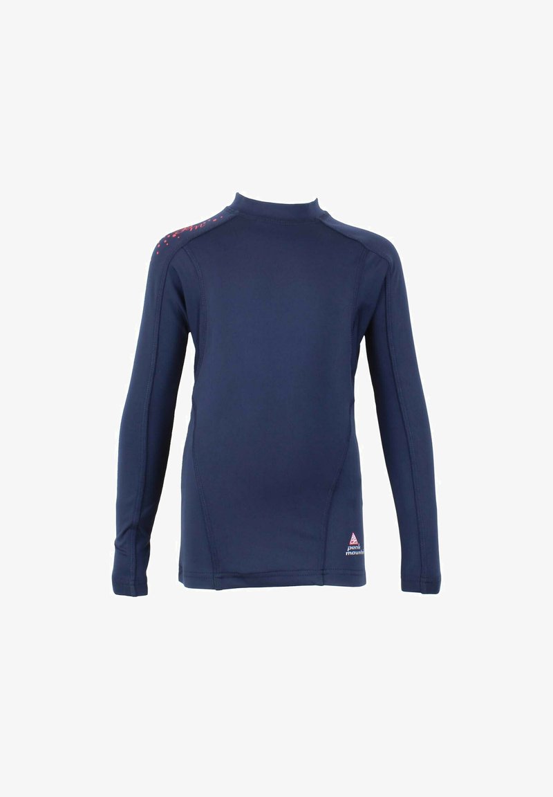 T-shirt de sport à manches longues bleu marine en tissu lisse et extensible ; doté d'un col montant et d'un petit logo discret sur le côté inférieur.