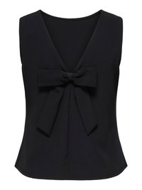 Blusa nera senza maniche con scollo a V e un grande fiocco di stoffa legato al centro davanti.