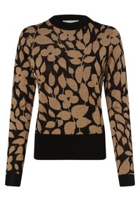 Maglione nero e beige con un motivo floreale di foglie, scollatura tonda e orlo e polsini a coste neri. Realizzato in tessuto a maglia testurizzata.