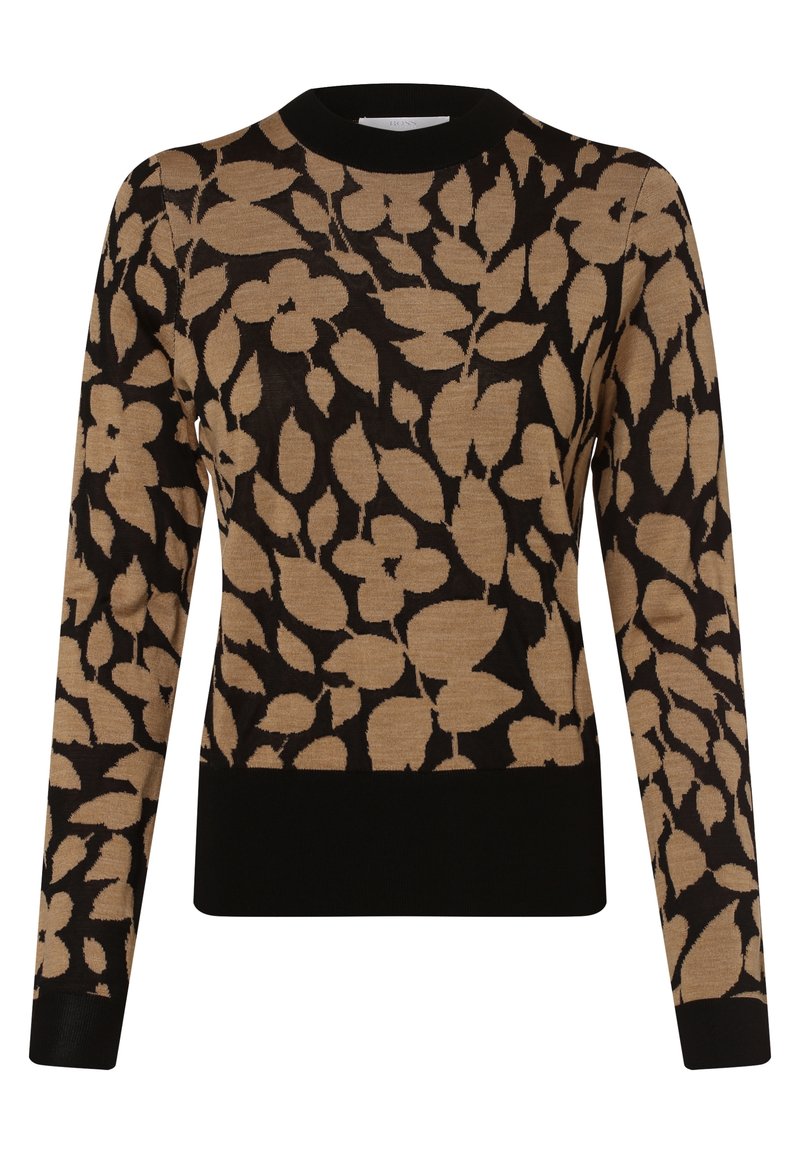 Maglione nero e beige con un motivo floreale di foglie, scollatura tonda e orlo e polsini a coste neri. Realizzato in tessuto a maglia testurizzata.