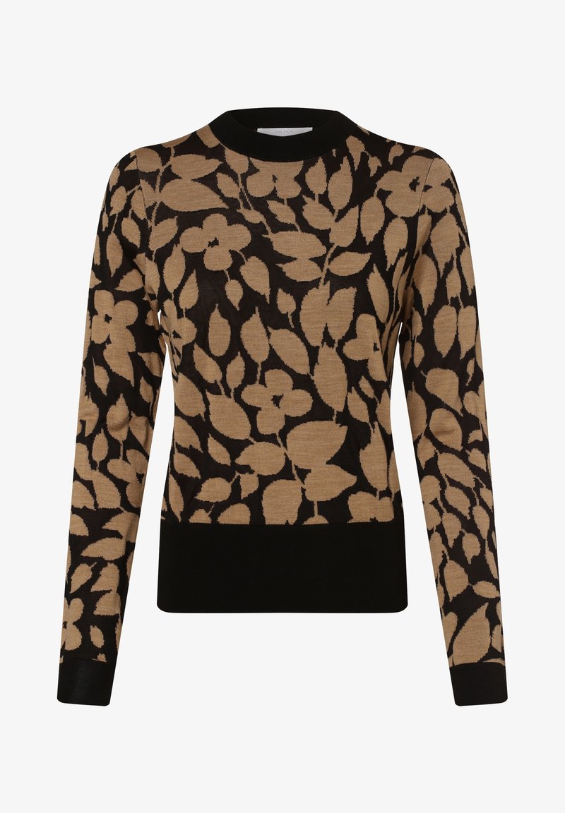 Maglione nero e beige con un motivo floreale di foglie, scollatura tonda e orlo e polsini a coste neri. Realizzato in tessuto a maglia testurizzata.