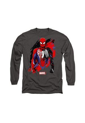 Long-sleeve gray T-shirt featuring Spider-Man graphic, red and black colors, detailed web design, and bold "MARVEL" logo at the bottom.