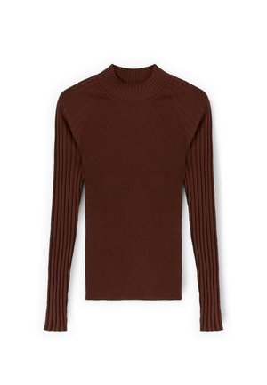 Brauner, gerippter Pullover mit langenÄrmeln und hohem Kragen in taillierter Passform. Verfügt über strukturierte, vertikale Linien über den Körper und die Ärmel.