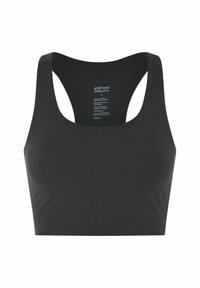 Zwarte geribbelde sportbeha met brede bandjes, een ronde hals en een racerback ontwerp, gemaakt van gerecycled polyester. Heeft een merkembleem op de achterkant.