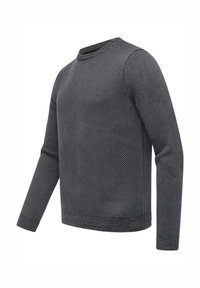 Grau gestrickter Pullover mit rundem Halsausschnitt, langen Ärmeln, strukturiertem Muster sowie geripptem Saum und Bündchen. Leicht und lässig im Design.