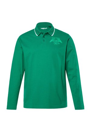 Langärmliges grünes Poloshirt mit weißem Kragenbesatz. Hat ein kleines Druckdesign auf der Brust. Hergestellt aus glattem Stoff.