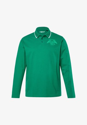 Polo shirt verde a maniche lunghe con rifinitura bianca al colletto. Presenta una piccola stampa sul petto. Realizzato in tessuto morbido.