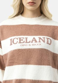 Bruine en crème gestreepte trui met een ronde halslijn, textuurstof en geborduurd "ICELAND" logo op de borst.