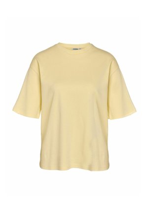 Lys gul, oversized t-skjorte med korte ermer og rund hals, vist på en ensfarget hvit bakgrunn.