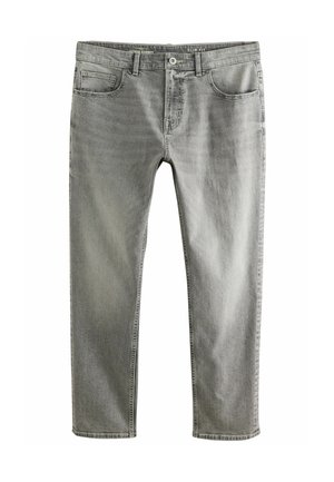 Grå slim-fit jeans med fem lommer, knaplukning og en glat denim tekstur. Har subtile falmninger og syning detaljer.