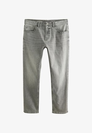 Vaqueros ajustados grises con cinco bolsillos, cierre de botón y una textura de denim suave. Presentan un ligero desgaste y detalles de costura.