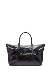 Schwarze schicke Reisetasche aus Leder mit doppelten Griffen und Reißverschluss, rechteckige Form mit gesteppten Details.