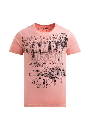 Coral pink short-sleeve T-shirt with black distressed text and graphics, including "Camp David," coordinates, and "Go with the flow."