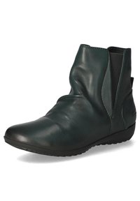 Stivali alla caviglia in pelle verde scuro con design morbido, pannelli laterali elastici e suola in gomma flessibile. Texture liscia con dettagli minimi.
