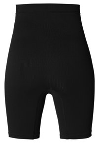Zwarte ribbelige naadloze shorts met hoge taille, met een lengte tot halverwege de dijen en een elastische tailleband voor een comfortabele pasvorm.