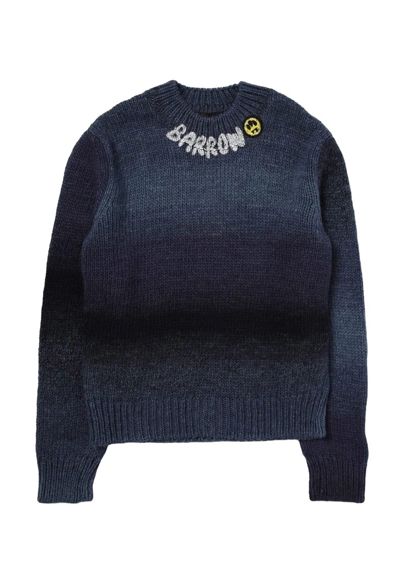 Maglione lavorato a maglia in gradiente blu navy, colletto rotondo, polsini e orlo a costine. Presenta "BARROW" in bianco e un piccolo emblema giallo sulla spalla.