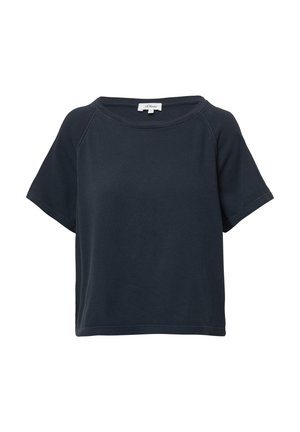 T-shirt à manches courtes bleu marine foncé avec un large col rond et une coupe décontractée. Fabriqué en tissu de coton doux avec une texture subtile.
