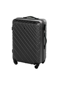 Black hard-shell suitcase with a diamond quilted texture, retractable handle, and four wheels for mobility. Notable brand logo on the front.