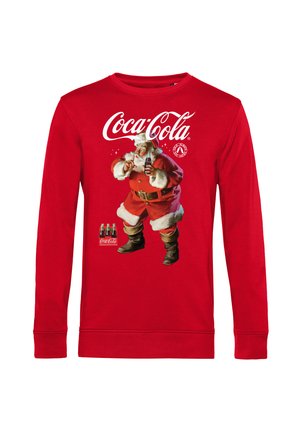 Rode sweatshirt met lange mouwen met een vintage Santa Claus grafiek, die een Coca-Cola fles vasthoudt, met een wit logo en flesafbeelding op de linkeronderzijde.
