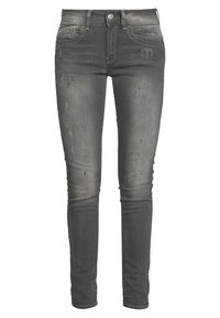 Jeans ajustados en denim gris oscuro con desvanecidos, detalles desgastados y cinco bolsillos. Presenta un cierre con botón y acentos bordados.