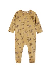 Gelbes Overall aus weichem Stoff mit Allover-Print von Cartoon-Bären und Honigtöpfen, mit langenÄrmeln und Füßchen.