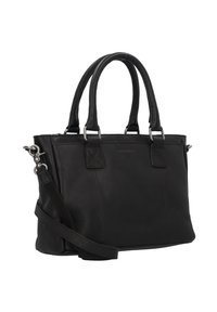 Zwarte leren handtas met dubbele bovenhandvatten en een afneembare schouderriem. Voorzien van zilverkleurige accenten en een gestructureerde afwerking.