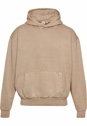 Beige hoodie made of textured fabric with a front pocket, ribbed cuffs, and hem. Features a drawstring hood and relaxed fit.