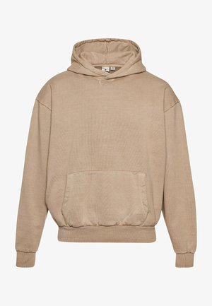 Béžová mikina s kapucňou vyrobená z textúrovanej tkaniny, s prednou vreckom a rebrovanými manžetami a spodným lemom. Má sťahovaciu kapucňu a voľný strih.