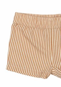 Randiga shorts i beige och brunt, med elastisk midja, slät textur och avslappnad passform med upprullad fåll.