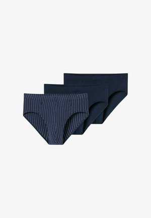 Three men's briefs, two solid navy blue and one navy blue with white vertical stripes, arranged overlapping on white background.