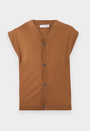 Rudas megztas be rankovių kardiganas su V-kaklu, penkiais mygtukais ir rausvu apvadu. Minkšta tekstūra, kasdieniškas dizainas, tinkamas derinimui.