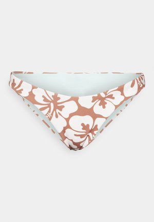 Bikini bottom in a floral pattern featuring large white flowers on a terracotta background. Smooth texture with a light blue interior.
