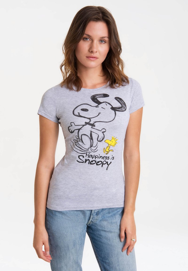 Gray cotton T-shirt featuring a black outline of Snoopy and Woodstock. Text reads "Happiness is Snoopy." Fitted short sleeves and crew neckline.