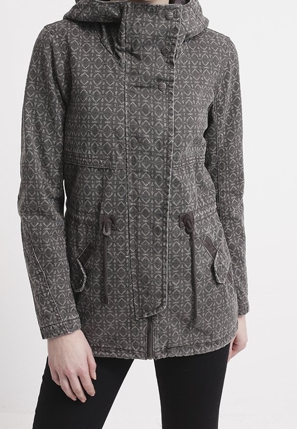 Gray patterned jacket with a hood, featuring a zipper closure, two front pockets, and drawstring accents. Textured fabric with subtle design.