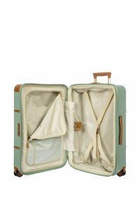 Valigia verde menta con design a due scomparti, fodera interna beige, dettagli color nocciola, cinghie di imballaggio e tasche esterne con zip.