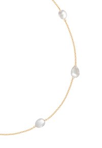 Guld halsband med oregelbundna vita pärlor, med en slät yta och alternerande länkar, som framhäver lystra accenter.