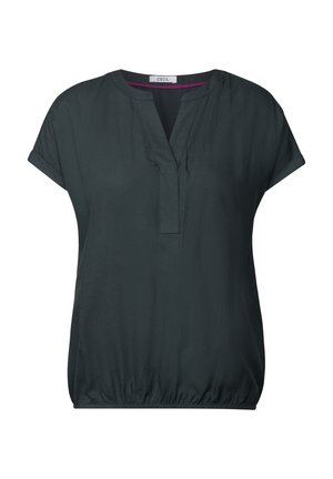 Dunkelgrün kurzärmeliges Blusenshirt mit V-Ausschnitt und gerafftem Saum. Hergestellt aus leichtem Stoff mit glatter Textur. Markenlabel: CECIL.