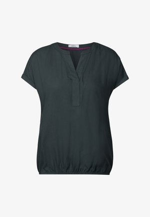 Blouse vert foncé à manches courtes avec un décolleté en V et un ourlet froncé. Fabriquée en tissu léger avec une texture lisse. Étiquette de marque : CECIL.