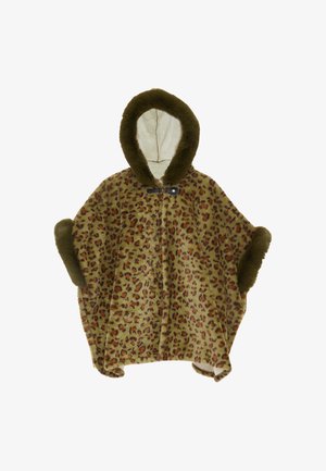 Poncho a fantasia leopardata in morbido tessuto, con cappuccio e polsini foderati in pelliccia verde oliva, dotato di chiusura a toggle sul collo.