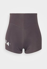 Korkeavyötäröiset shortsit tummanharmaasta kankaasta, jossa on sileä pinta, valkoinen logo vasemmassa lahkeessa ja hienovaraiset ompeludetaljit.