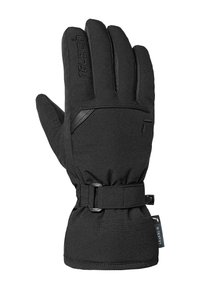 Schwarze isolierte Handschuhe aus weichem Stoff mit einer wasserdichten Schicht, ausgestattet mit einem gerafften Handgelenk und einem Riemen für einen sicheren Sitz.