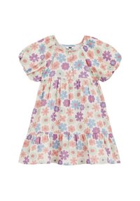 Abito con fantasia floreale, maniche a sbuffo, design a strati e colori pastello (rosa, blu, viola), realizzato in tessuto leggero.