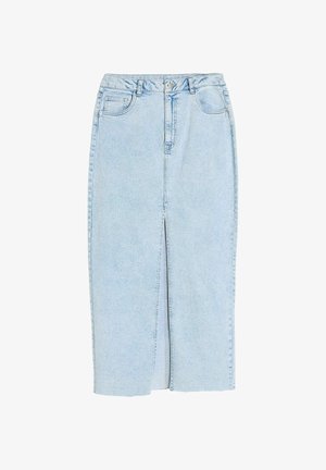 Jasnoniebieska spódnica dżinsowa z przodem w rozcięciu, pięcioma kieszeniami oraz zapięciem na guziki i zamek błyskawiczny w talii.