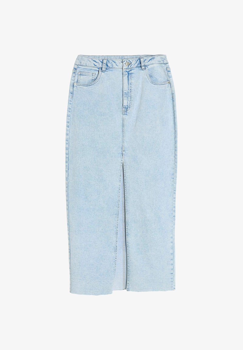 Jasnoniebieska spódnica dżinsowa z przodem w rozcięciu, pięcioma kieszeniami oraz zapięciem na guziki i zamek błyskawiczny w talii.