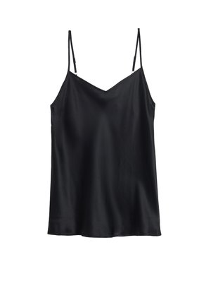 Zwarte satijnen camisole met verstelbare dunne bandjes, V-hals, en een gladde textuur. Deze top heeft een ontspannen pasvorm en een afgeronde zoom.